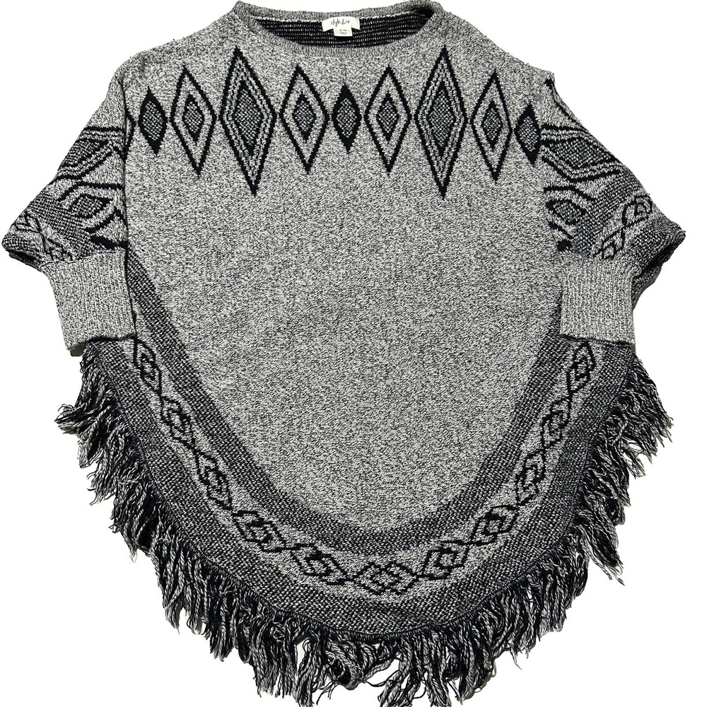Style & Co Grey Black Geometric Knit Fringe Poncho Sweater Womens Size S/M Boho
